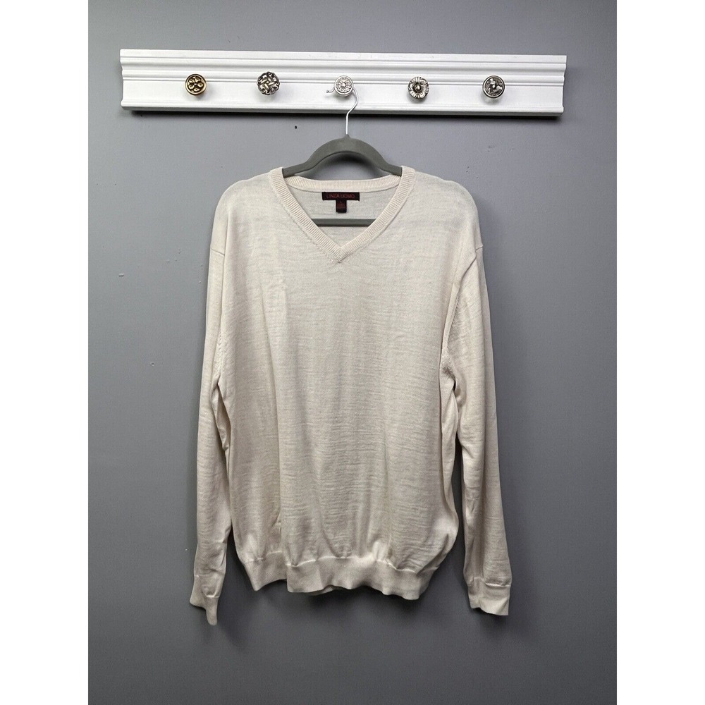 Linea Uomo Sweater Mens Large Cream V-Neck Pullover‎ Wool Ribbed Trim Neutral